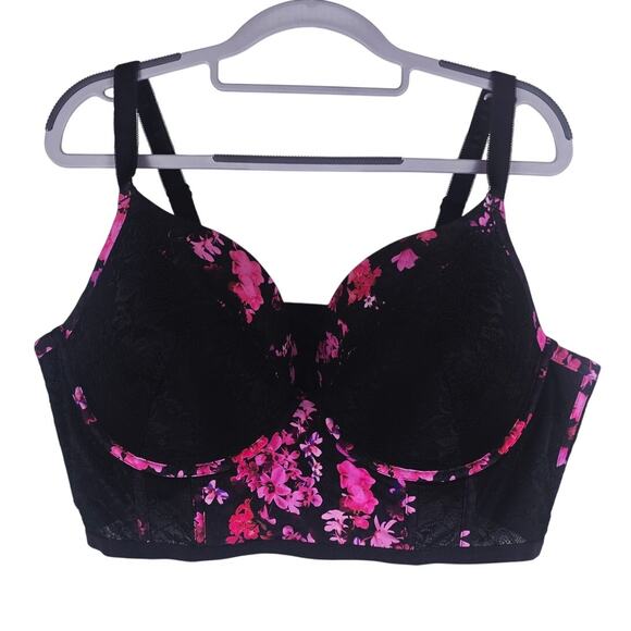 Torrid Curve Push- Up Plunge Black Lace Overlay Pink Floral Bra 42DD - Picture 1 of 5